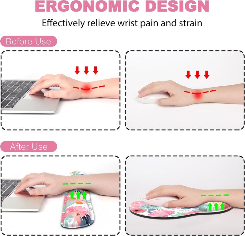 JIGOO Ergonomic Mouse Pad with Wrist Rest and Keyboard Wrist Rest, Mousepad and Wrist Rest for Computer Keyboard, Pain Relief, Non-Slip Rubber Base, Mouse Pad Wrist Support for Gaming, Office, Pink Flower - Image 2
